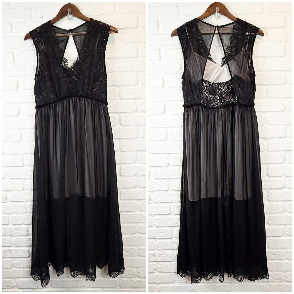 AllSaints Black Lace & Sheer Midi Dress - Picture 2 of 16